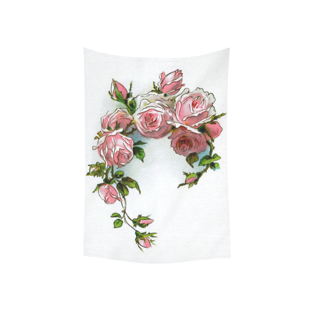 Vintage Pink Rose Floral Cotton Linen Wall Tapestry 40"x 60"