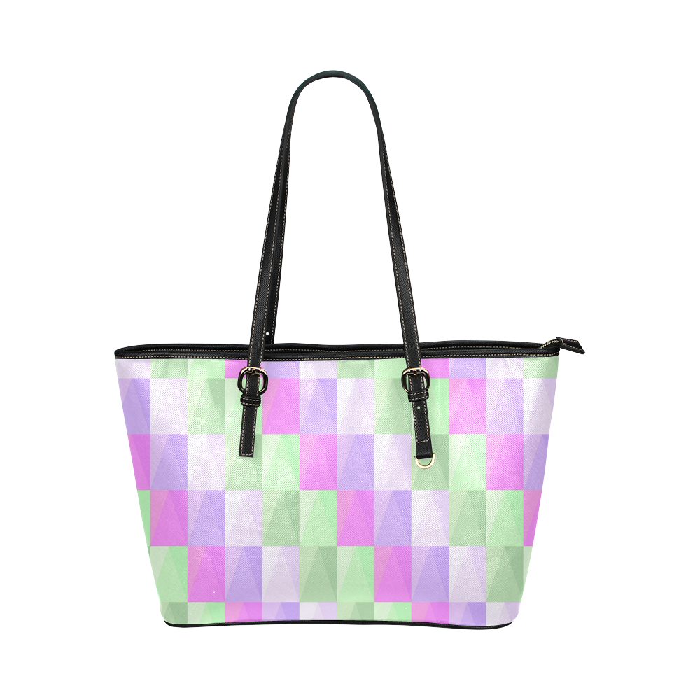 Pastel Purple Green Squares Leather Tote Bag/Large (Model 1651)