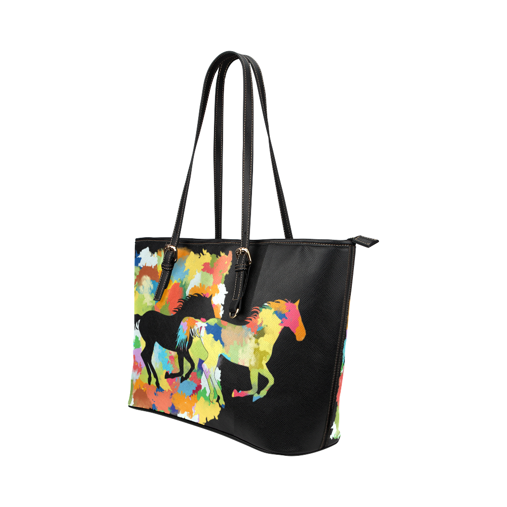 Horse  Shape Galloping out of Colorful Splash Leather Tote Bag/Large (Model 1651)