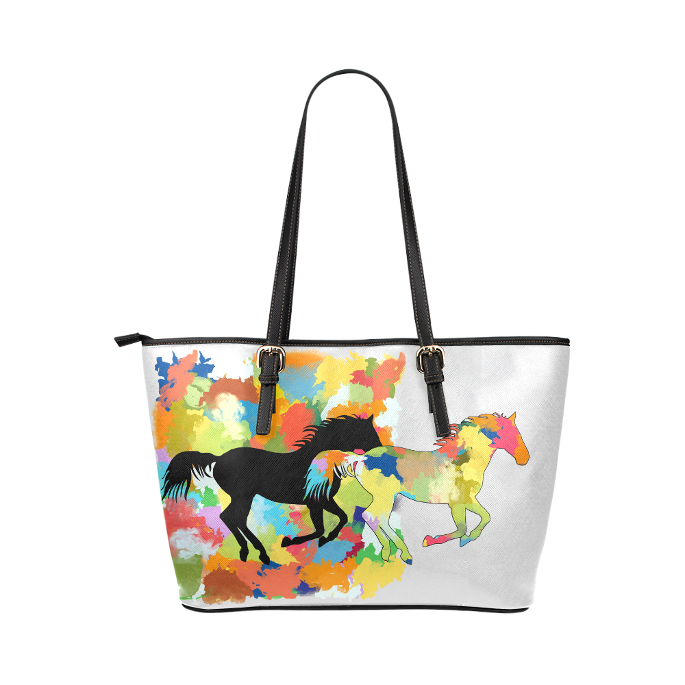 Horse  Shape Galloping out of Colorful Splash Leather Tote Bag/Large (Model 1651)