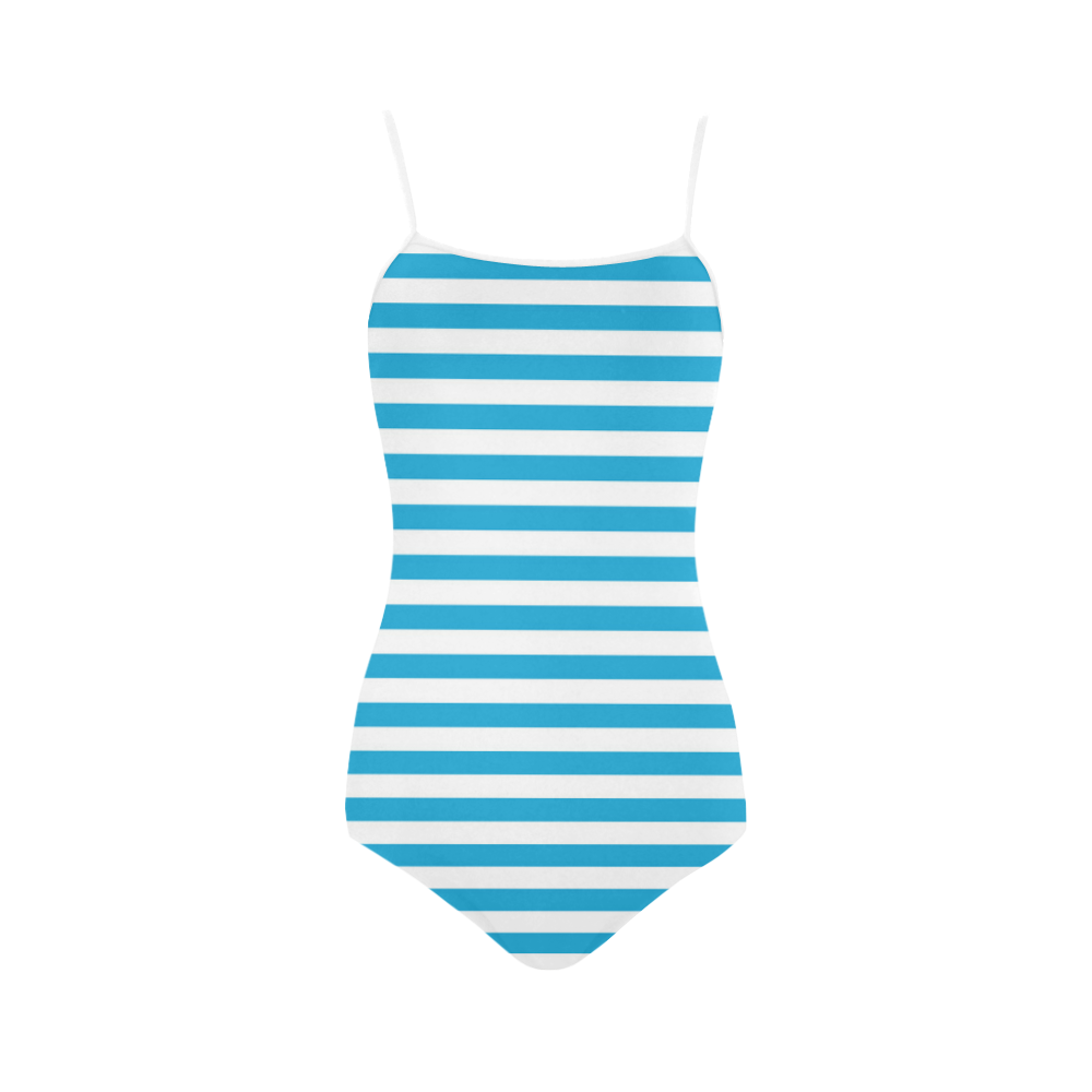 Solid Cyan With White Stripes Strap Swimsuit ( Model S05)