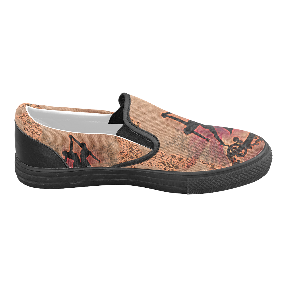 Wonderful dancing couple with floral elements Women's Unusual Slip-on Canvas Shoes (Model 019)