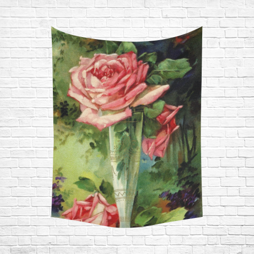 Vintage Vase and Pink Roses Cotton Linen Wall Tapestry 60"x 80"