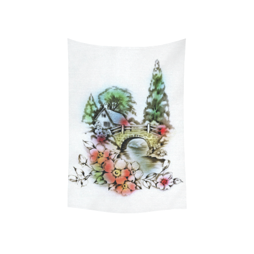 Vintage Home and Flower Garden with Bridge Cotton Linen Wall Tapestry 40"x 60"