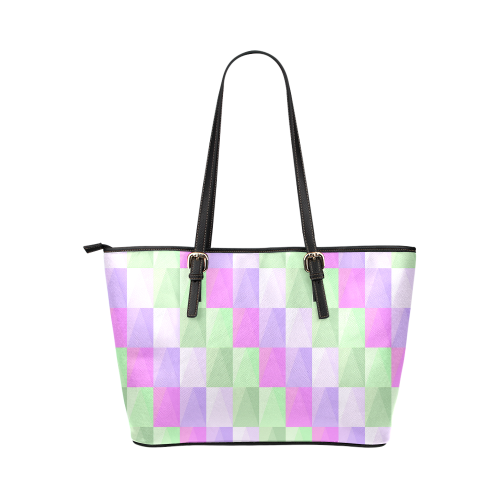 Pastel Purple Green Squares Leather Tote Bag/Large (Model 1651)