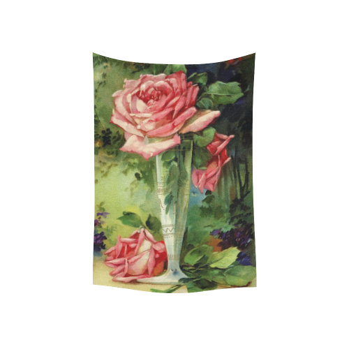 Vintage Vase and Pink Roses Cotton Linen Wall Tapestry 40"x 60"