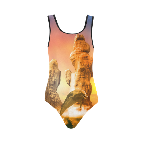 Funny dolphin jumping in the sunset Vest One Piece Swimsuit (Model S04)