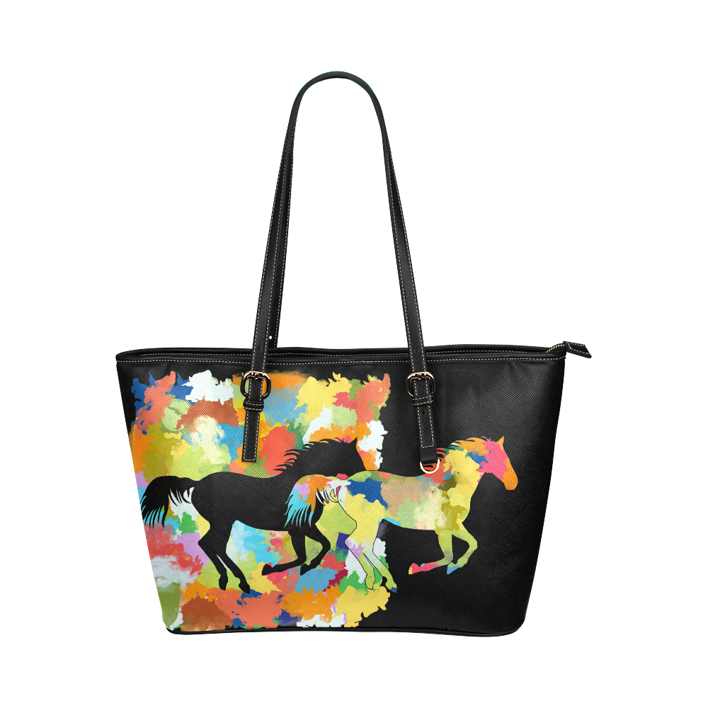 Horse  Shape Galloping out of Colorful Splash Leather Tote Bag/Large (Model 1651)