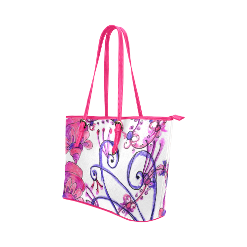 Pink Flower Garden Zendoodle, Purple Gardenscape Leather Tote Bag/Small (Model 1651)