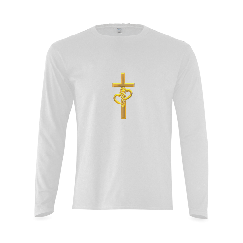 Christian Symbols Golden Cross with 2 Hearts Sunny Men's T-shirt (long-sleeve) (Model T08)