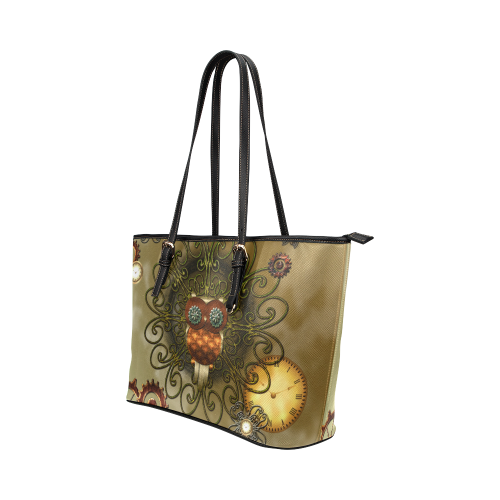 Steampunk cute owl Leather Tote Bag/Large (Model 1651)