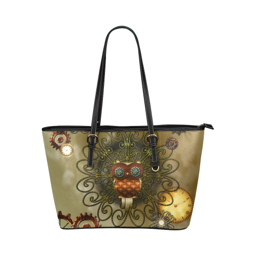 Steampunk cute owl Leather Tote Bag/Large (Model 1651)