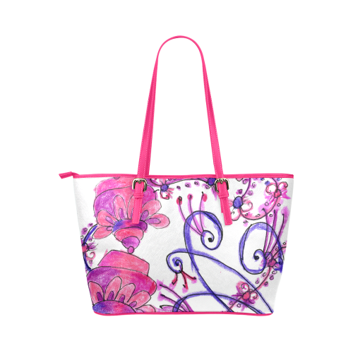 Pink Flower Garden Zendoodle, Purple Gardenscape Leather Tote Bag/Small (Model 1651)