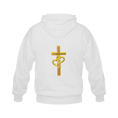 Christian Symbols Golden Cross with 2 Hearts Gildan Full Zip Hooded Sweatshirt (Model H02)
