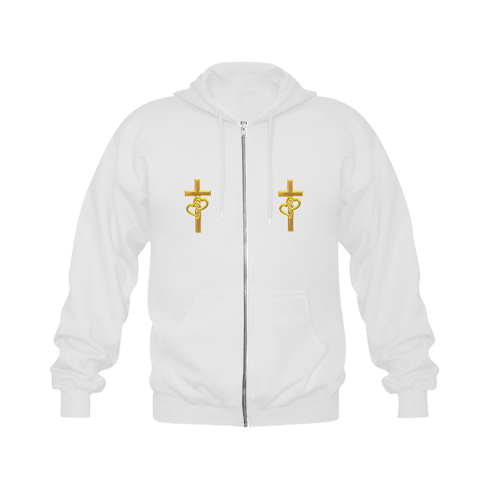 Christian Symbols Golden Cross with 2 Hearts Gildan Full Zip Hooded Sweatshirt (Model H02)