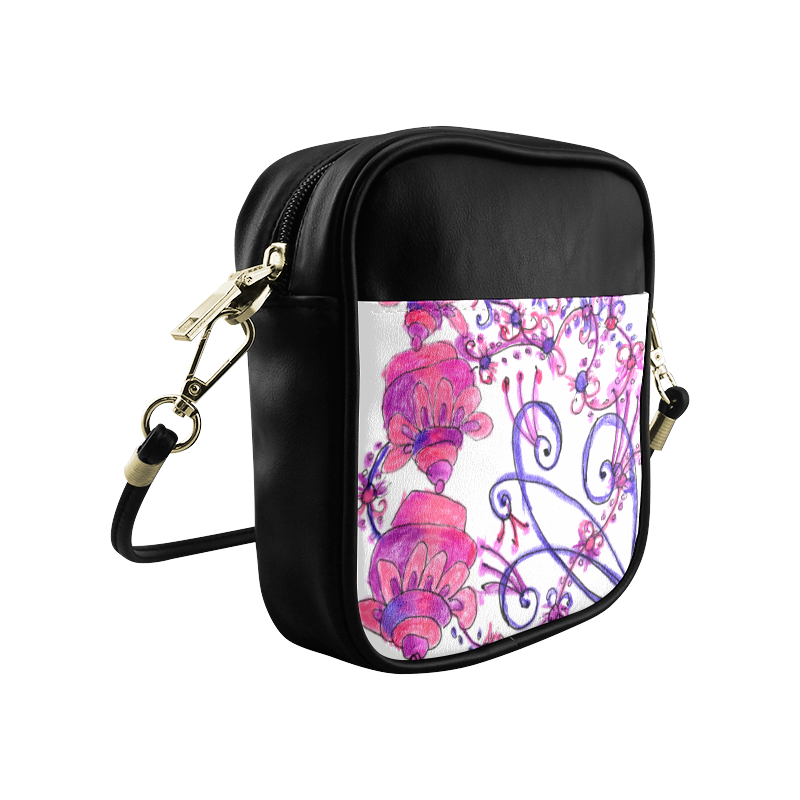 Pink Flower Garden Zendoodle, Purple Gardenscape Sling Bag (Model 1627)