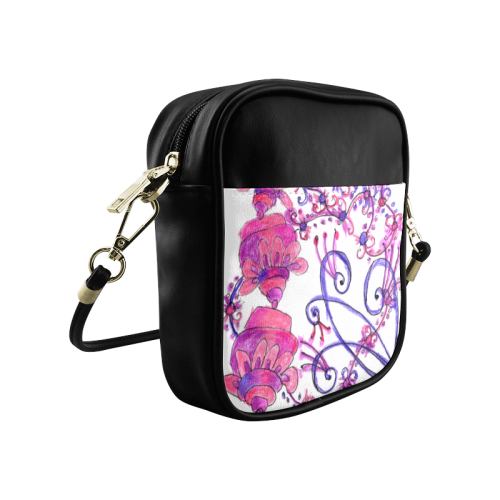 Pink Flower Garden Zendoodle, Purple Gardenscape Sling Bag (Model 1627)