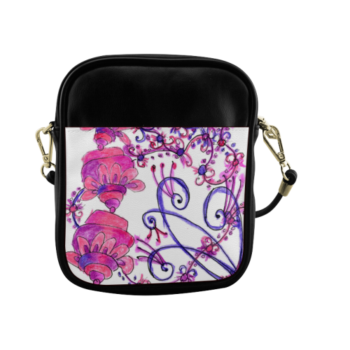 Pink Flower Garden Zendoodle, Purple Gardenscape Sling Bag (Model 1627)