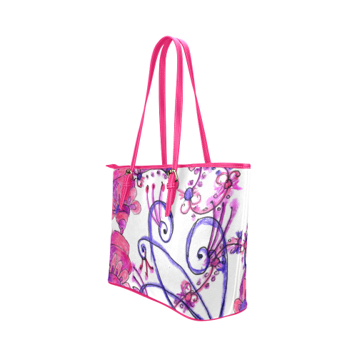 Pink Flower Garden Zendoodle, Purple Gardenscape Leather Tote Bag/Small (Model 1651)