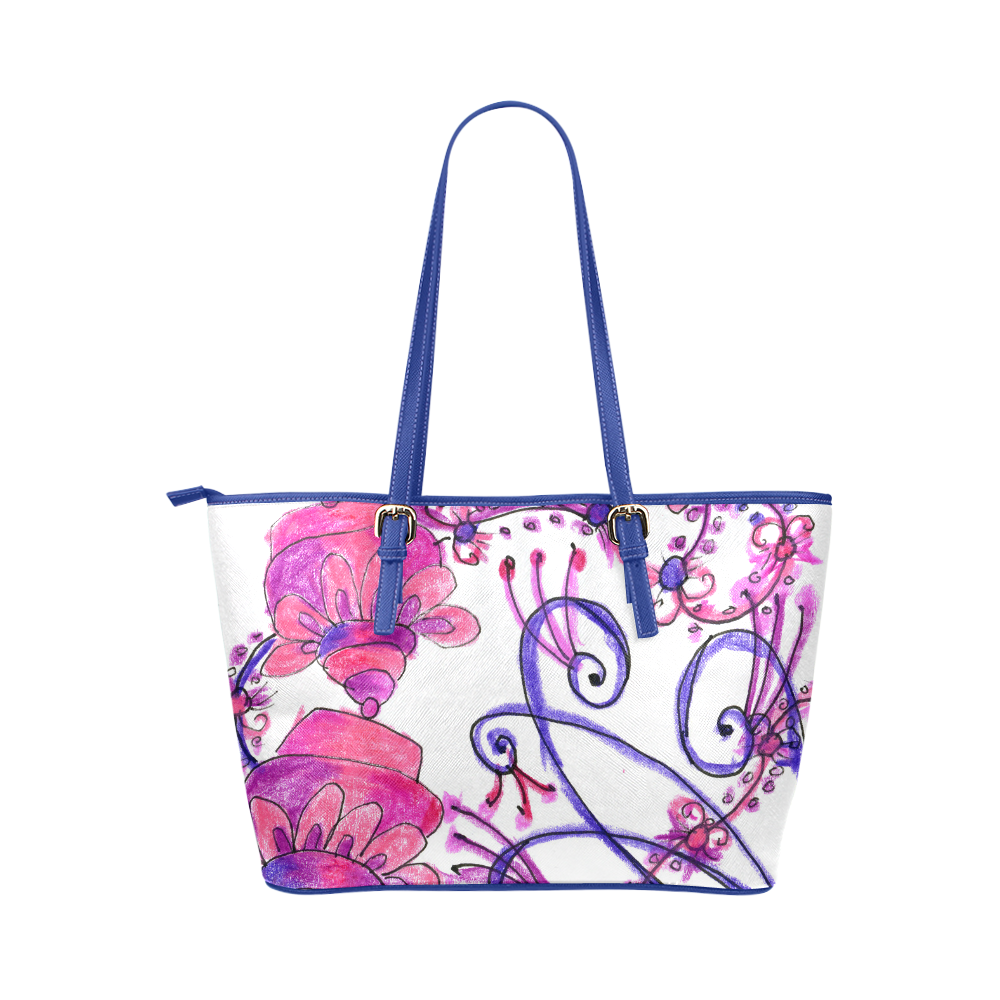 Pink Flower Garden Zendoodle, Purple Gardenscape Leather Tote Bag/Large (Model 1651)