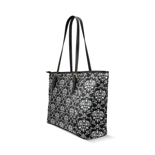 Black and White Damask Leather Tote Bag/Small (Model 1640)