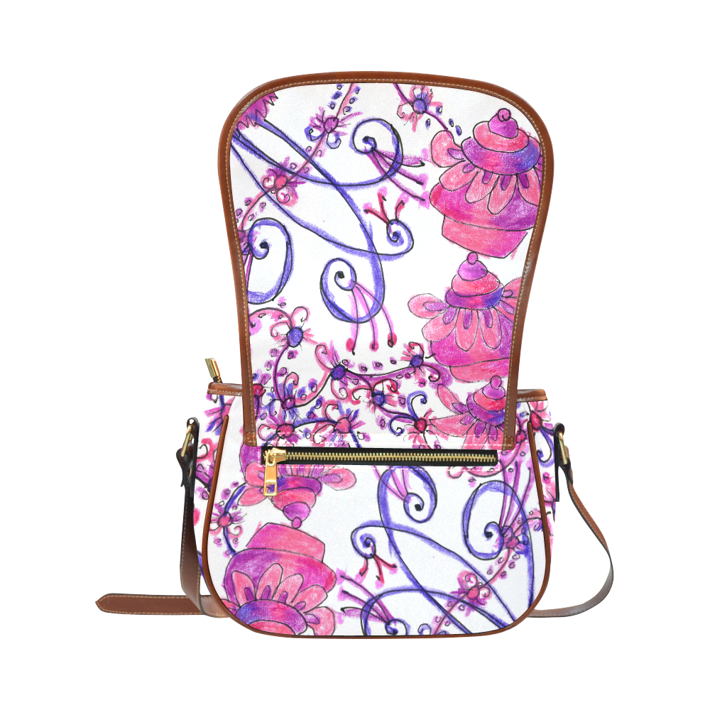 Pink Flower Garden Zendoodle, Purple Gardenscape Saddle Bag/Large (Model 1649)
