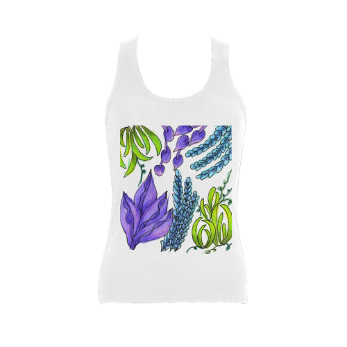 Purple Green Blue Flower Garden, Dancing Zendoodle Women's Shoulder-Free Tank Top (Model T35)