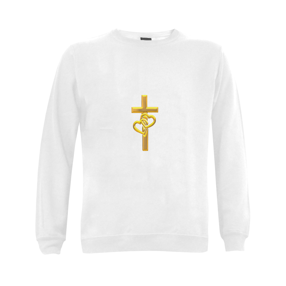 Christian Symbols Golden Cross with 2 Hearts Gildan Crewneck Sweatshirt(NEW) (Model H01)