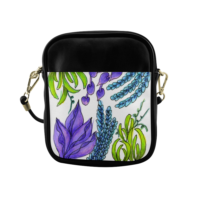 Purple Green Blue Flower Garden, Dancing Zendoodle Sling Bag (Model 1627)