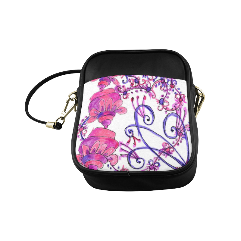 Pink Flower Garden Zendoodle, Purple Gardenscape Sling Bag (Model 1627)