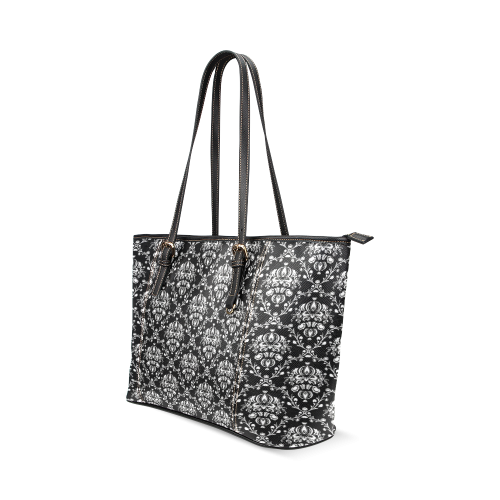 Black and White Damask Leather Tote Bag/Small (Model 1640)