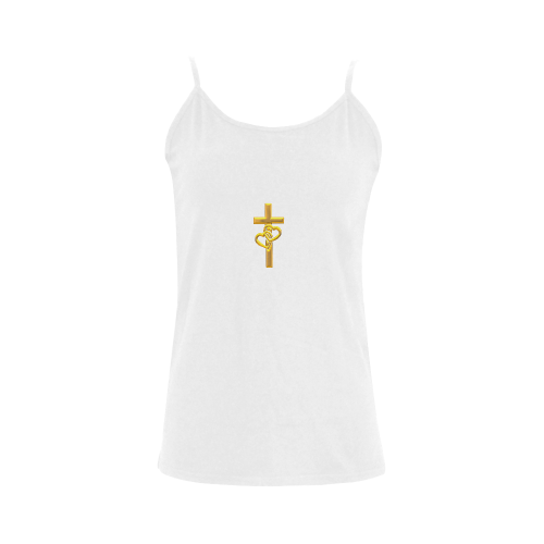 Christian Symbols Golden Cross with 2 Hearts Women's Spaghetti Top (USA Size) (Model T34)