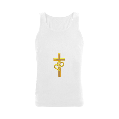 Christian Symbols Golden Cross with 2 Hearts Plus-size Men's Shoulder-Free Tank Top (Model T33)