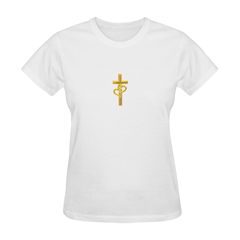 Christian Symbols Golden Cross with 2 Hearts Sunny Women's T-shirt (Model T05)