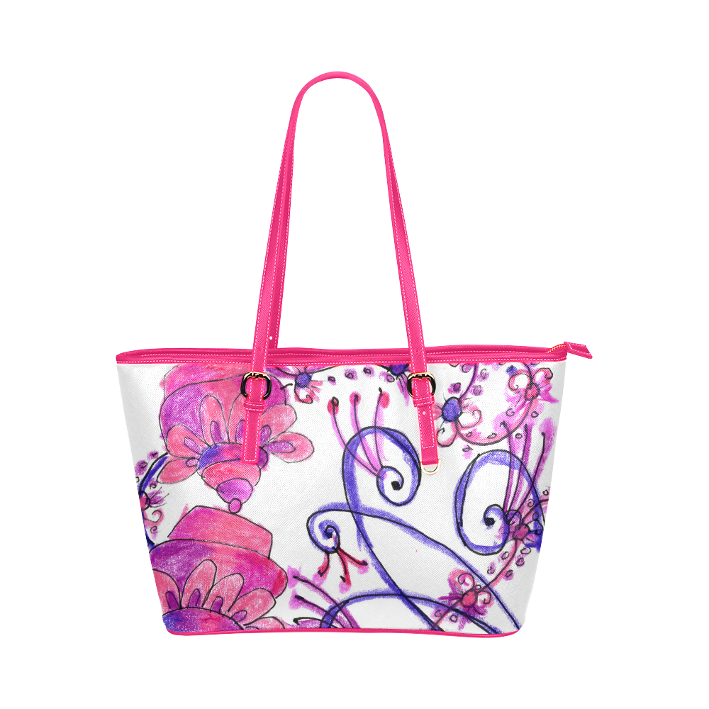 Pink Flower Garden Zendoodle, Purple Gardenscape Leather Tote Bag/Small (Model 1651)