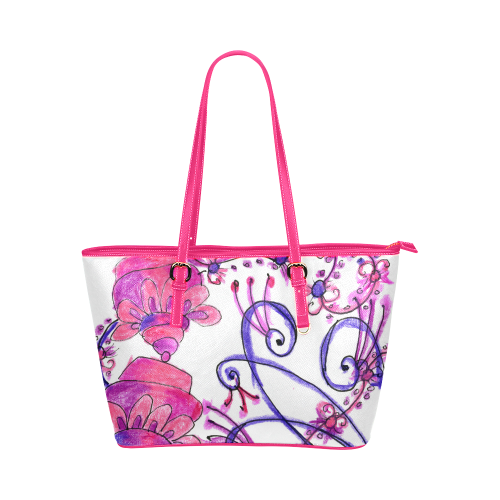 Pink Flower Garden Zendoodle, Purple Gardenscape Leather Tote Bag/Small (Model 1651)