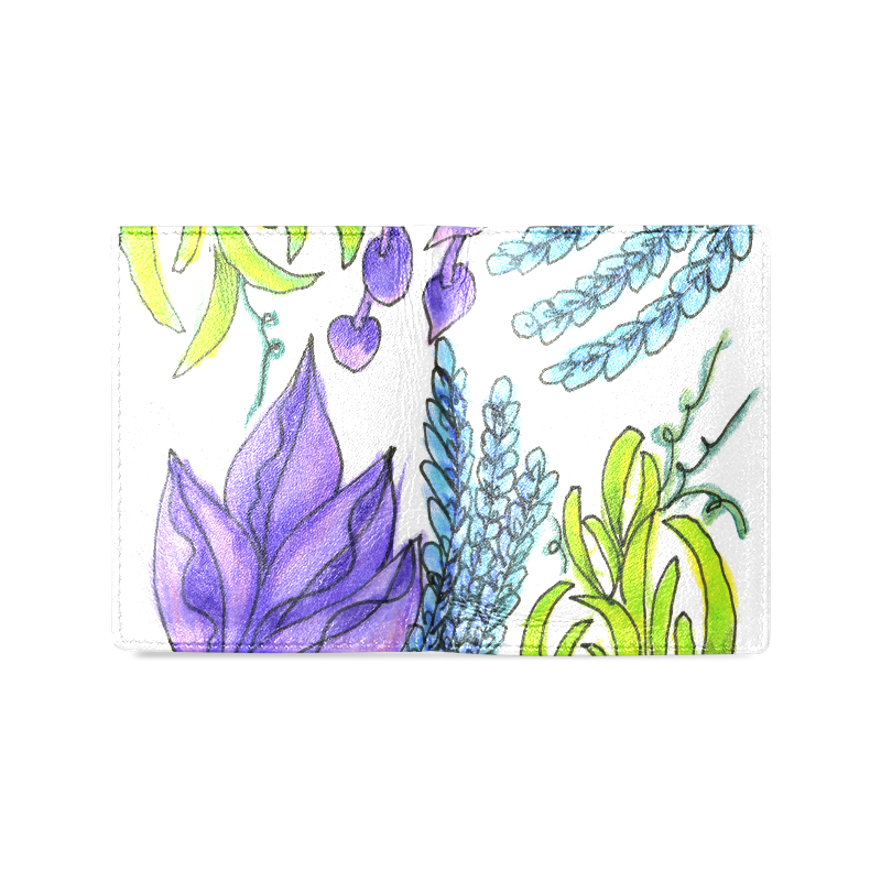 Purple Green Blue Flower Garden, Dancing Zendoodle Men's Leather Wallet (Model 1612)