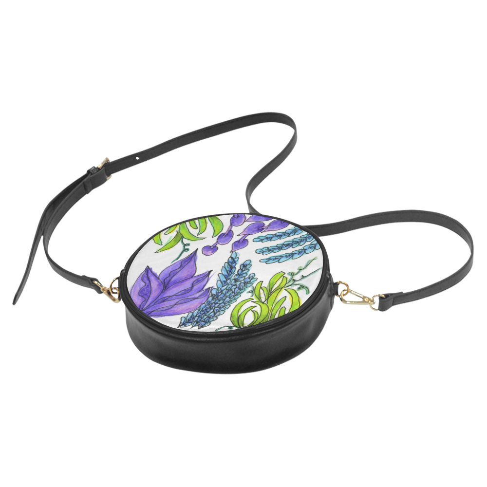 Purple Green Blue Flower Garden, Dancing Zendoodle Round Sling Bag (Model 1647)