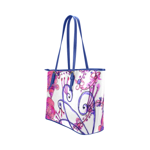 Pink Flower Garden Zendoodle, Purple Gardenscape Leather Tote Bag/Large (Model 1651)