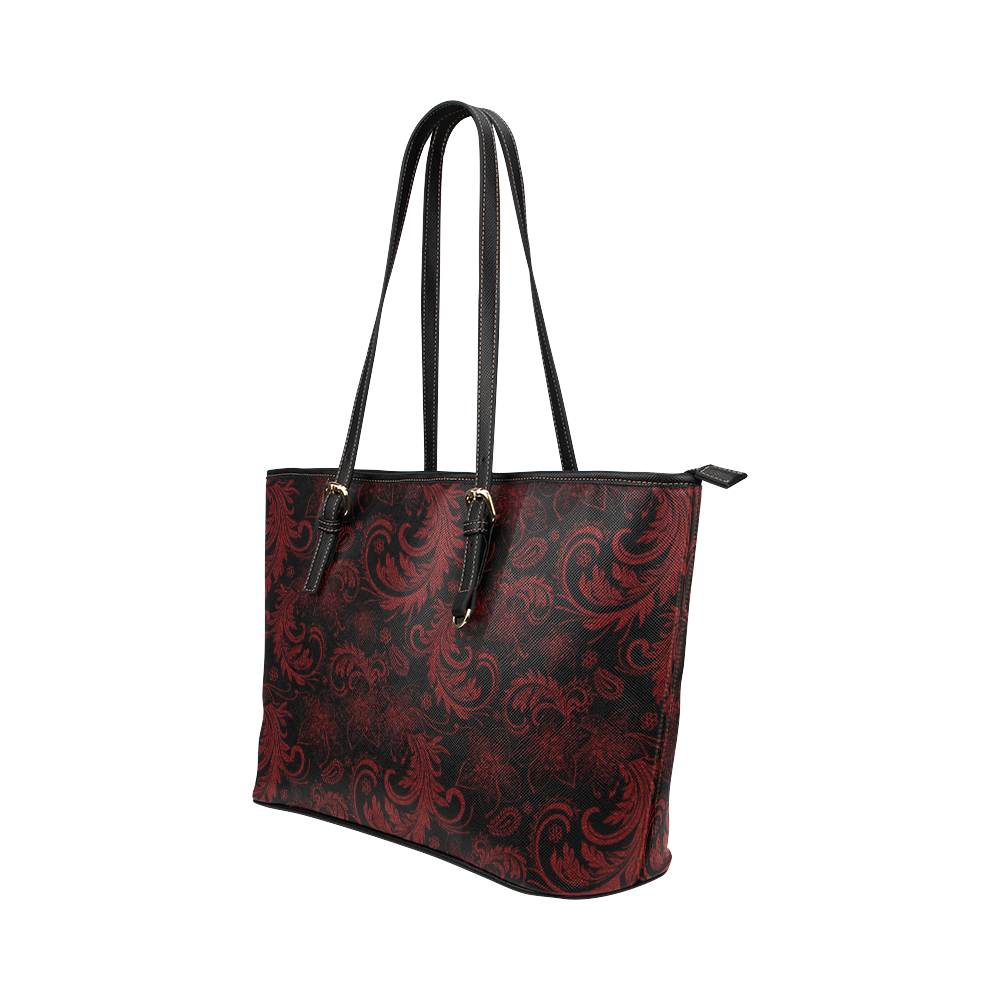 Elegant vintage flourish damasks in  black and red Leather Tote Bag/Large (Model 1651)