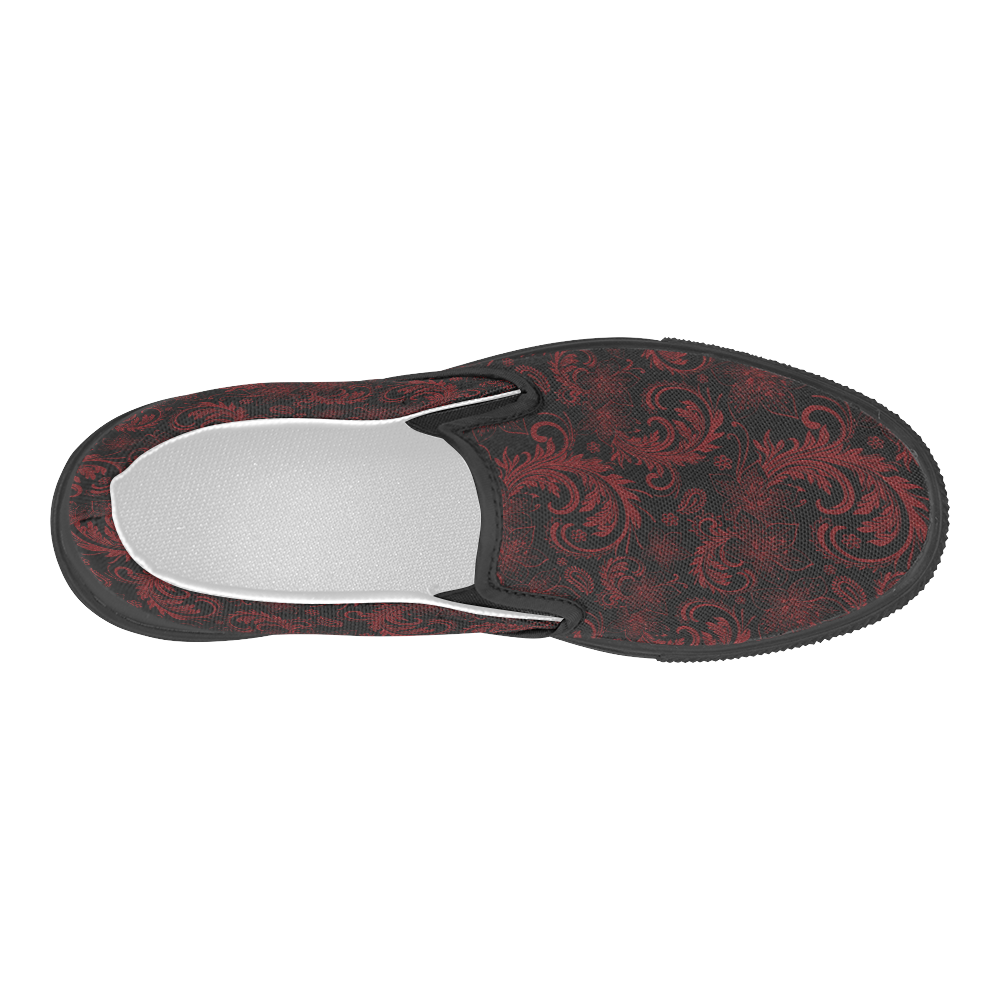 Elegant vintage flourish damasks in  black and red Women's Slip-on Canvas Shoes (Model 019)