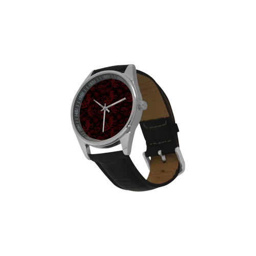 Elegant vintage flourish damasks in  black and red Men's Casual Leather Strap Watch(Model 211)