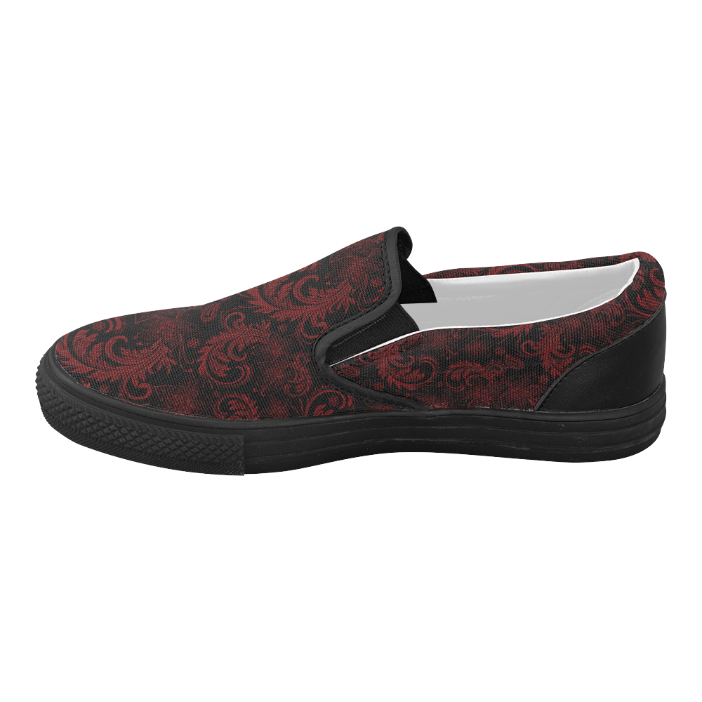 Elegant vintage flourish damasks in  black and red Women's Slip-on Canvas Shoes (Model 019)