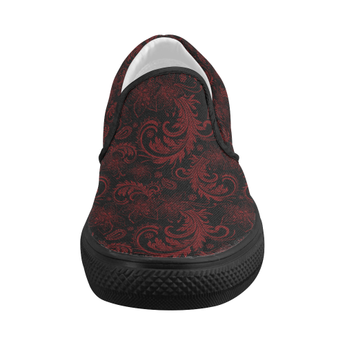 Elegant vintage flourish damasks in  black and red Women's Slip-on Canvas Shoes (Model 019)