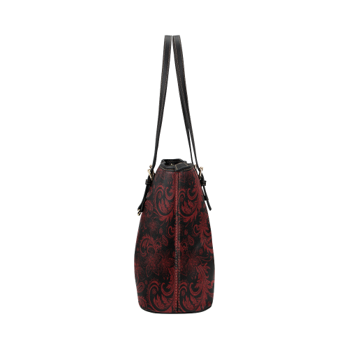 Elegant vintage flourish damasks in  black and red Leather Tote Bag/Small (Model 1651)