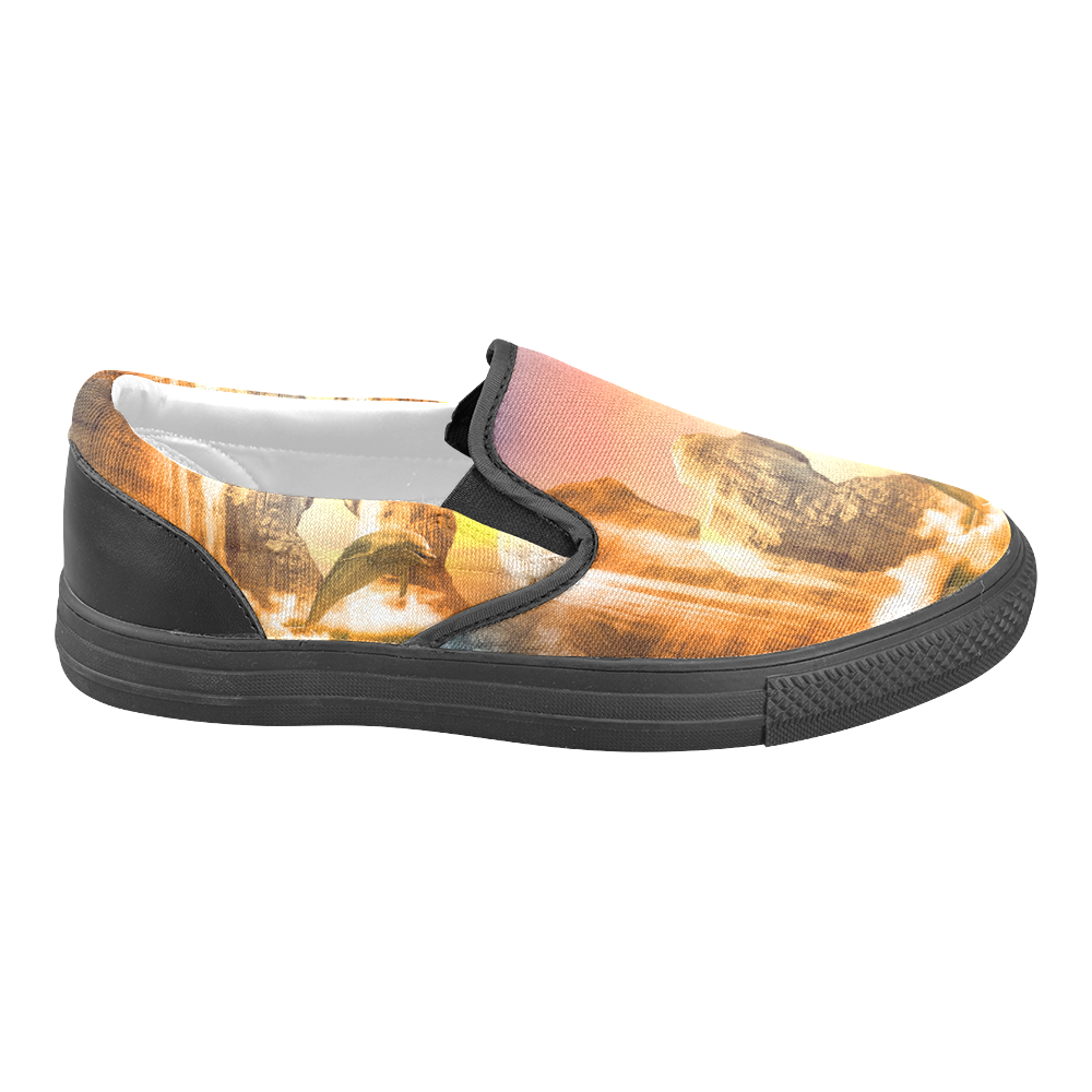 Funny dolphin jumping in the sunset Women's Unusual Slip-on Canvas Shoes (Model 019)