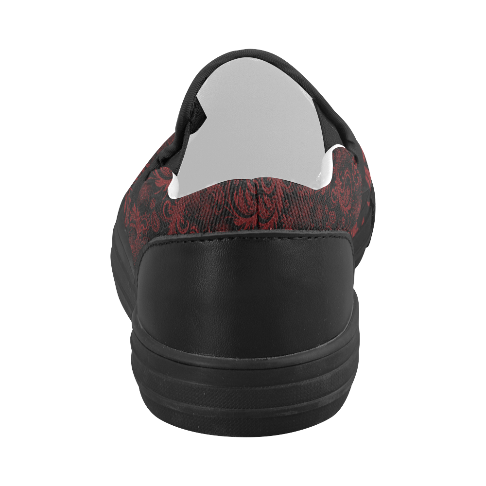 Elegant vintage flourish damasks in  black and red Women's Slip-on Canvas Shoes (Model 019)