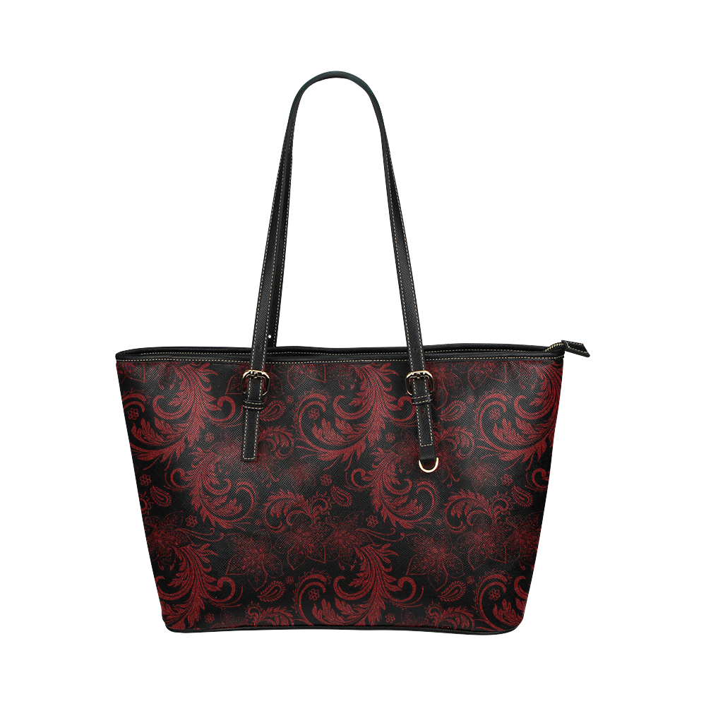 Elegant vintage flourish damasks in  black and red Leather Tote Bag/Large (Model 1651)