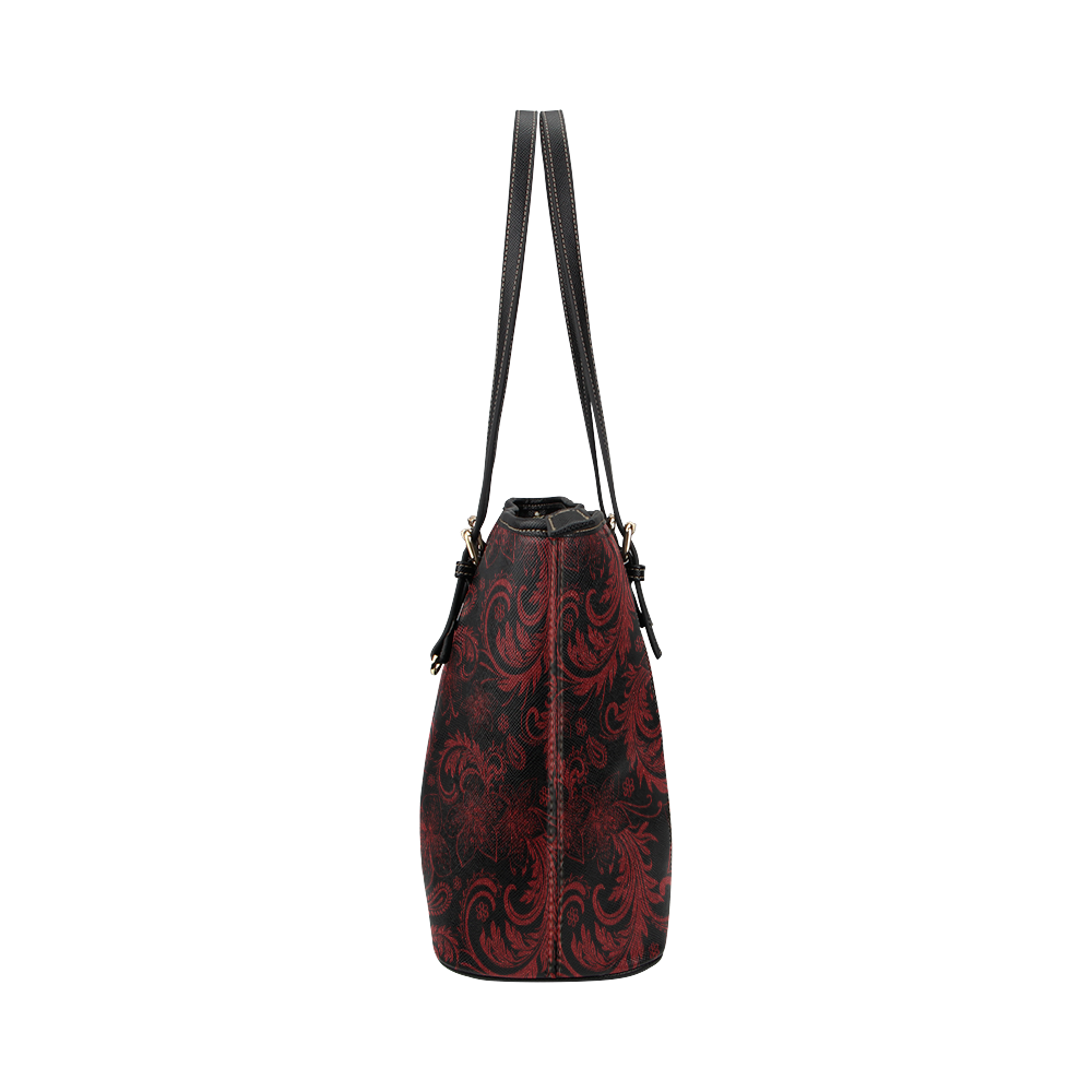 Elegant vintage flourish damasks in  black and red Leather Tote Bag/Large (Model 1651)
