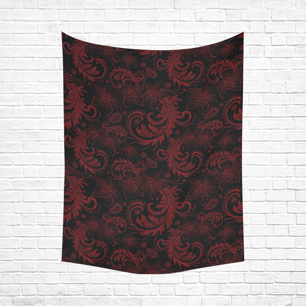 Elegant vintage flourish damasks in  black and red Cotton Linen Wall Tapestry 60"x 80"
